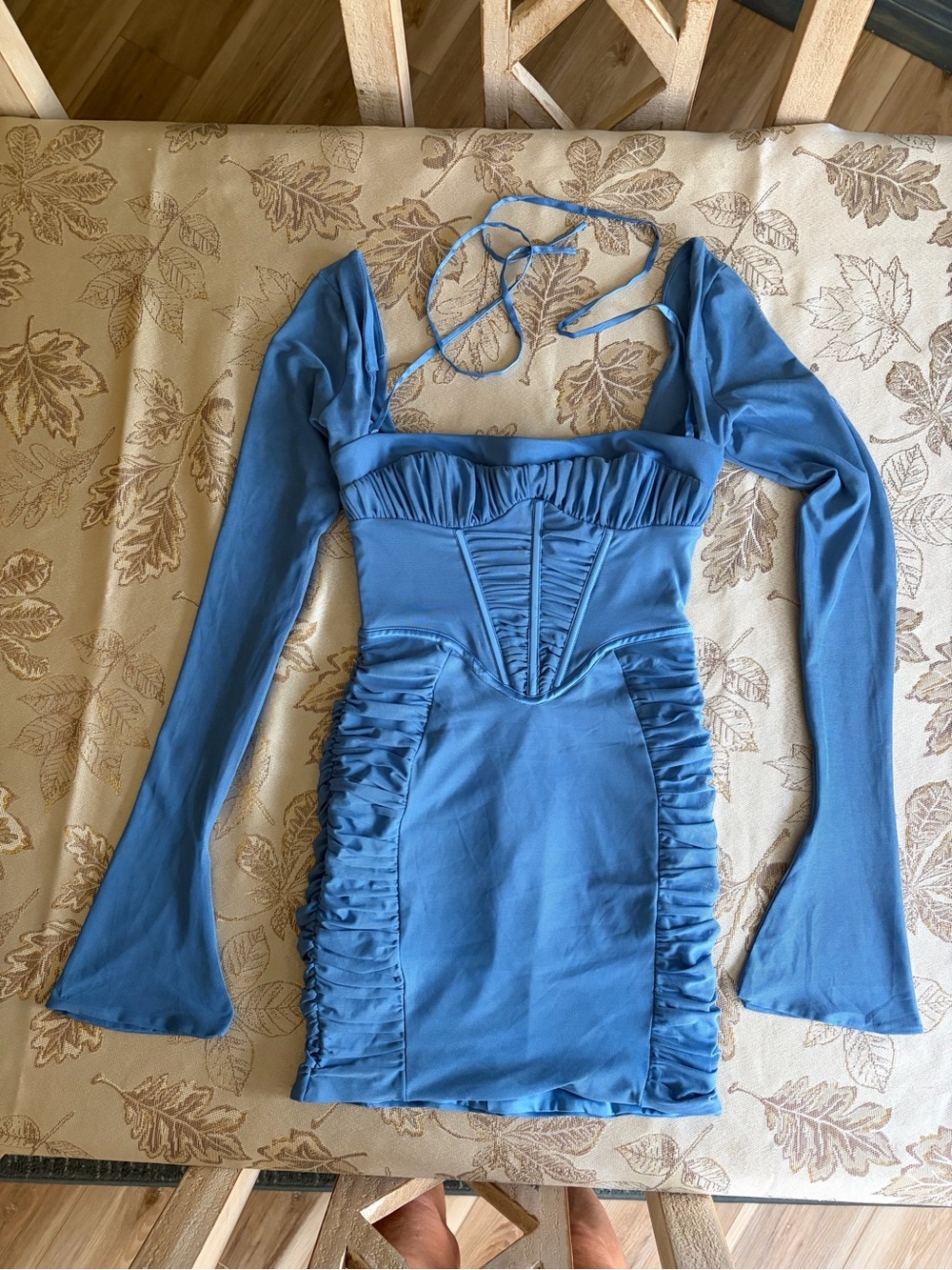Oh Polly Dusty Blue Long-Sleeve Ruched Mini Dress.